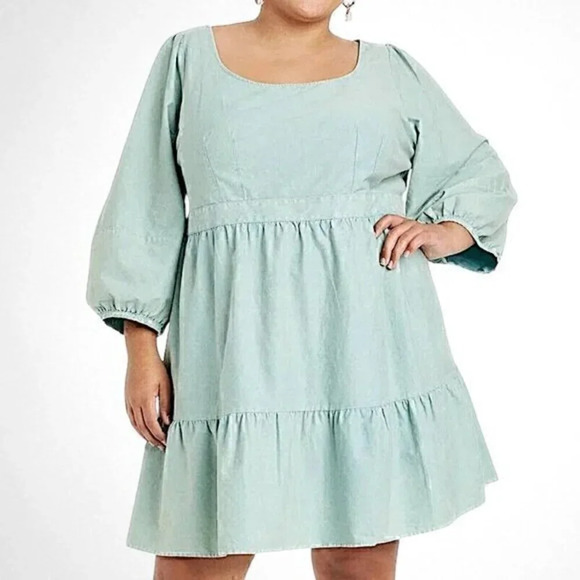 Ava & Viv  Plus Size Teal 3/4 Balloon Sleeve Tie Back Tiered A-Line Dress 1X - Picture 1 of 14